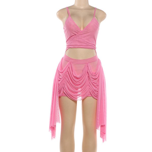 Solid color pleated see through crop top suspender dress with wrapped buttocks