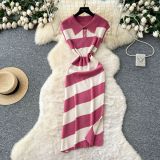 Polo collar short sleeved contrasting striped knitted dress