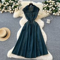 Waist up collar short sleeved denim dress Waist up collar short sleeved denim dress