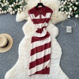 Polo collar short sleeved contrasting striped knitted dress