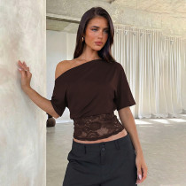 Slant collar off shoulder short sleeved lace patchwork waist cinching short top T-shirt