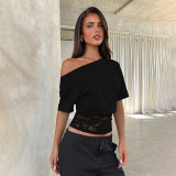 Slant collar off shoulder short sleeved lace patchwork waist cinching short top T-shirt