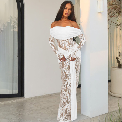 Lace patchwork long skirt with one shoulder and long sleeves tied with straps