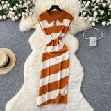 Polo collar short sleeved contrasting striped knitted dress