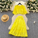 Short flared sleeve shirt, high waisted skirt, hollowed out crochet lace set