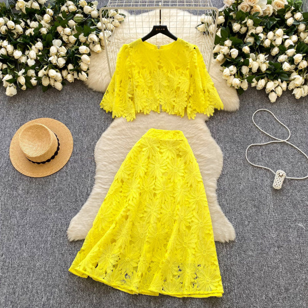 Short flared sleeve shirt, high waisted skirt, hollowed out crochet lace set