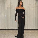 Lace patchwork long skirt with one shoulder and long sleeves tied with straps