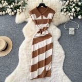 Polo collar short sleeved contrasting striped knitted dress