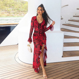 Lace flared sleeve deep V-neck micro transparent high slit skirt set