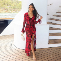 Lace flared sleeve deep V-neck micro transparent high slit skirt set Lace flared sleeve deep V-neck micro transparent high slit skirt set