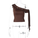 Metal eyelets, single shoulder diagonal collar, ribbon T-shirt top