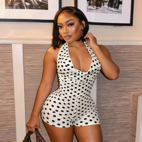 Polka dot print hanging neck swinging collar large backless jumpsuit shorts