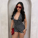 Polka dot print hanging neck swinging collar large backless jumpsuit shorts