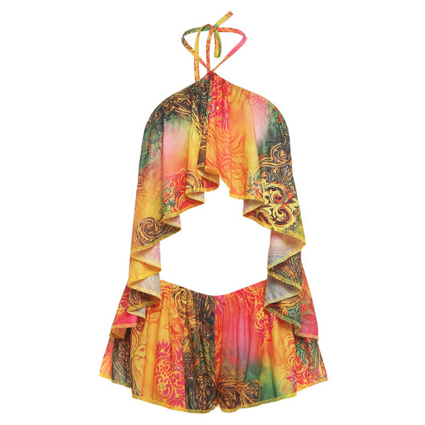 Hanging neck backless top loose shorts set