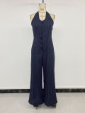 Blue striped hanging neck backless jumpsuit pants