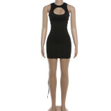 Hollow out strap solid color hip hugging short skirt dress