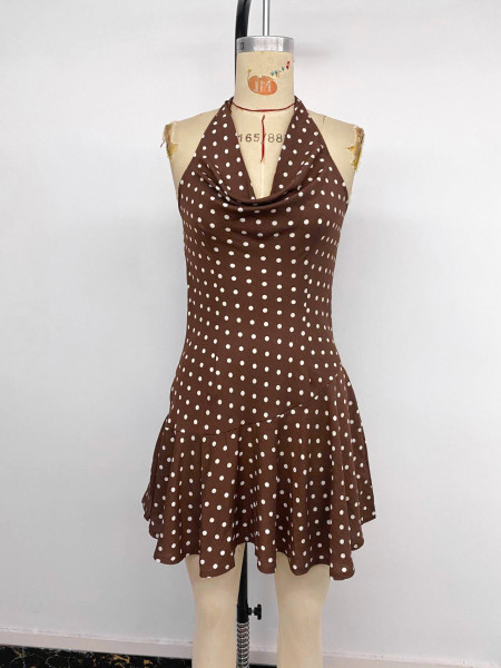 Wave point hanging neck swinging collar backless dress