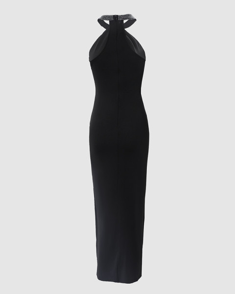 Hanging neck rhinestone sleeveless slit dress