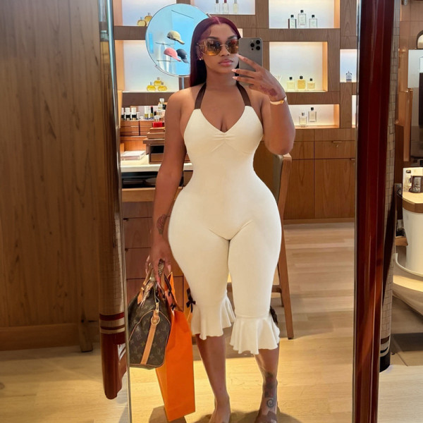 Sleeveless backless halter neck strap long jumpsuit
