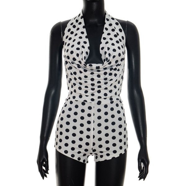 Polka dot print hanging neck swinging collar large backless jumpsuit shorts