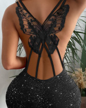 Back butterfly hollow sparkling elastic dress