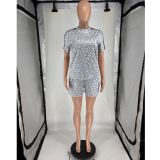 Printed leopard print polka dot short sleeved shorts sports two-piece set