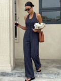 Blue striped hanging neck backless jumpsuit pants