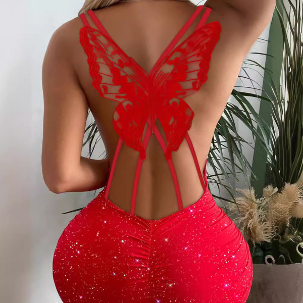 Back butterfly hollow sparkling elastic dress