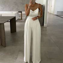 Pearl suspender wide leg sleeveless V-neck backless pants jumpsuit