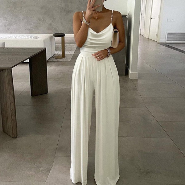 Pearl suspender wide leg sleeveless V-neck backless pants jumpsuit
