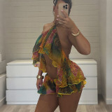 Hanging neck backless top loose shorts set
