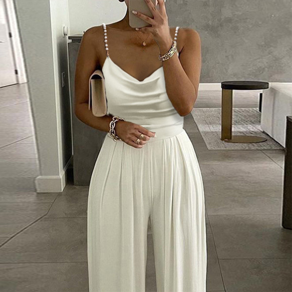 Pearl suspender wide leg sleeveless V-neck backless pants jumpsuit