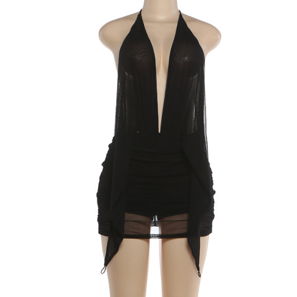 Deep V-neck hanging backpack with exposed buttocks, short mesh dress