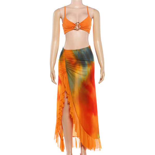 Hanging neck, chest wrapped, split lotus leaf edge skirt set