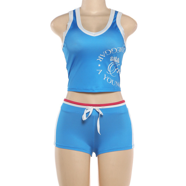 Open navel sleeveless top with hip print shorts set