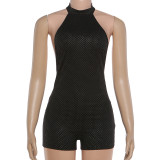 Backless hanging neck solid color tight fitting hip hugging jumpsuit shorts