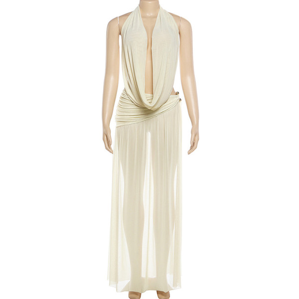 Hanging neck deep V backless top high slit long skirt set