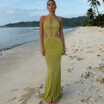 Backless hanging neck solid color mesh dress