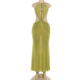 Backless hanging neck solid color mesh dress