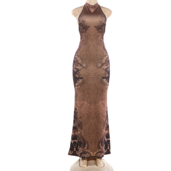 Hanging neck backless printed dress