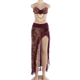 Flower bead chain hanging neck wrapped chest irregular long skirt