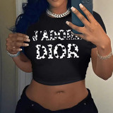 Colorful letter printed short T-shirt top with exposed belly button T