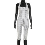 Polka print lace up neck strap top, cropped pants two-piece set