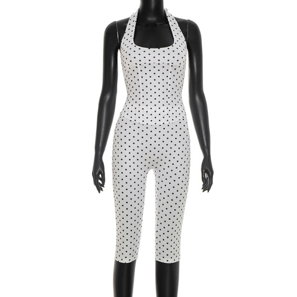Polka print lace up neck strap top, cropped pants two-piece set