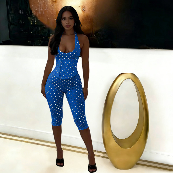Hanging neck polka dot fishbone zipper waist cinching seven part jumpsuit (fake two-piece set)