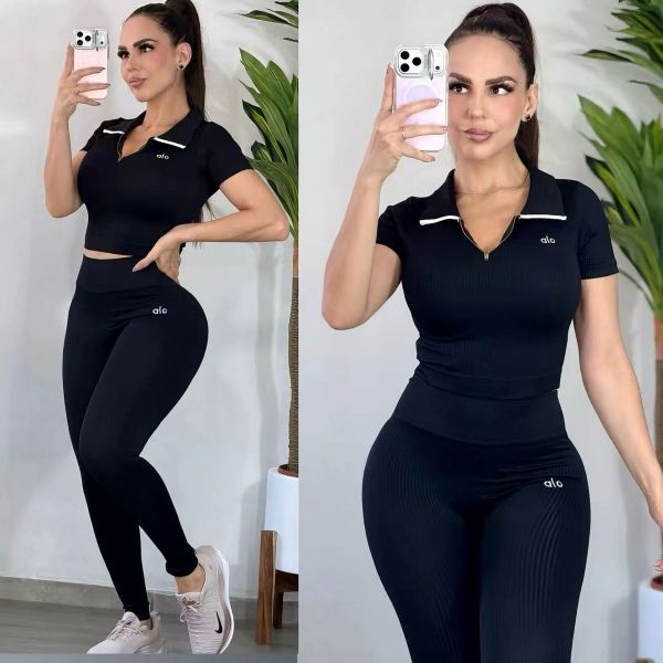 Threaded yoga suit POLO collar embroidery two-piece set