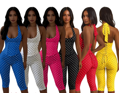 Hanging neck polka dot fishbone zipper waist cinching seven part jumpsuit (fake two-piece set)