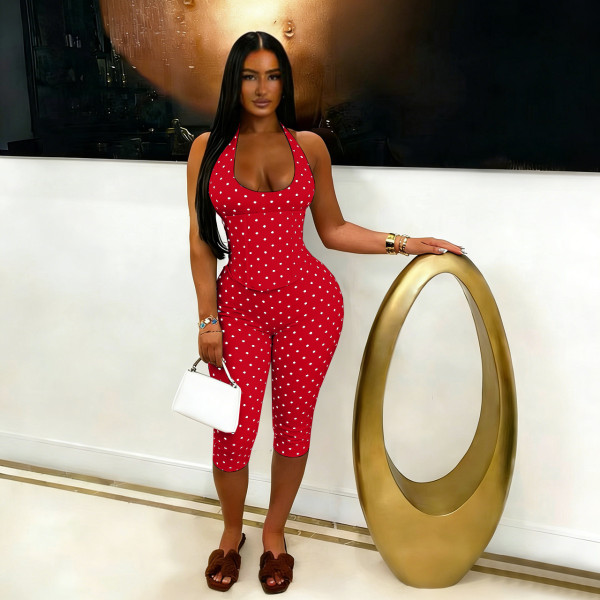 Hanging neck polka dot fishbone zipper waist cinching seven part jumpsuit (fake two-piece set)
