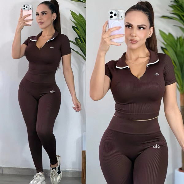 Threaded yoga suit POLO collar embroidery two-piece set