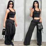 Tank top embroidered wide leg pants two-piece set